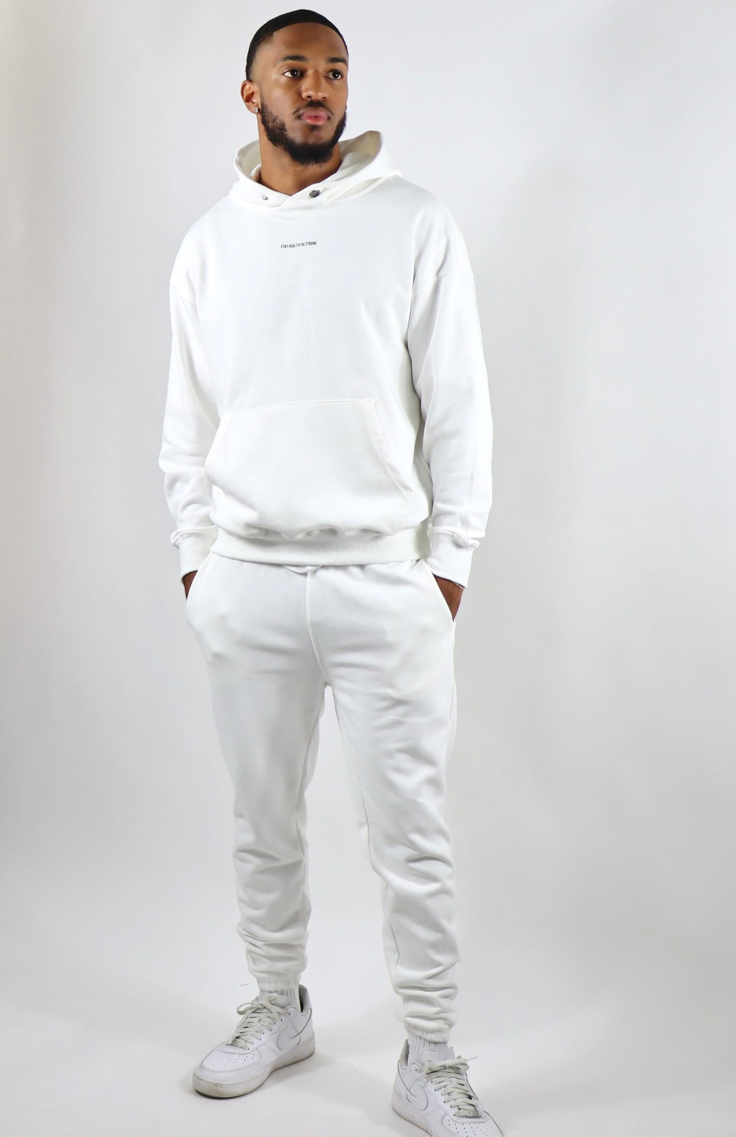 White oversized pullover hoodie with  white oversized French Terry joggers