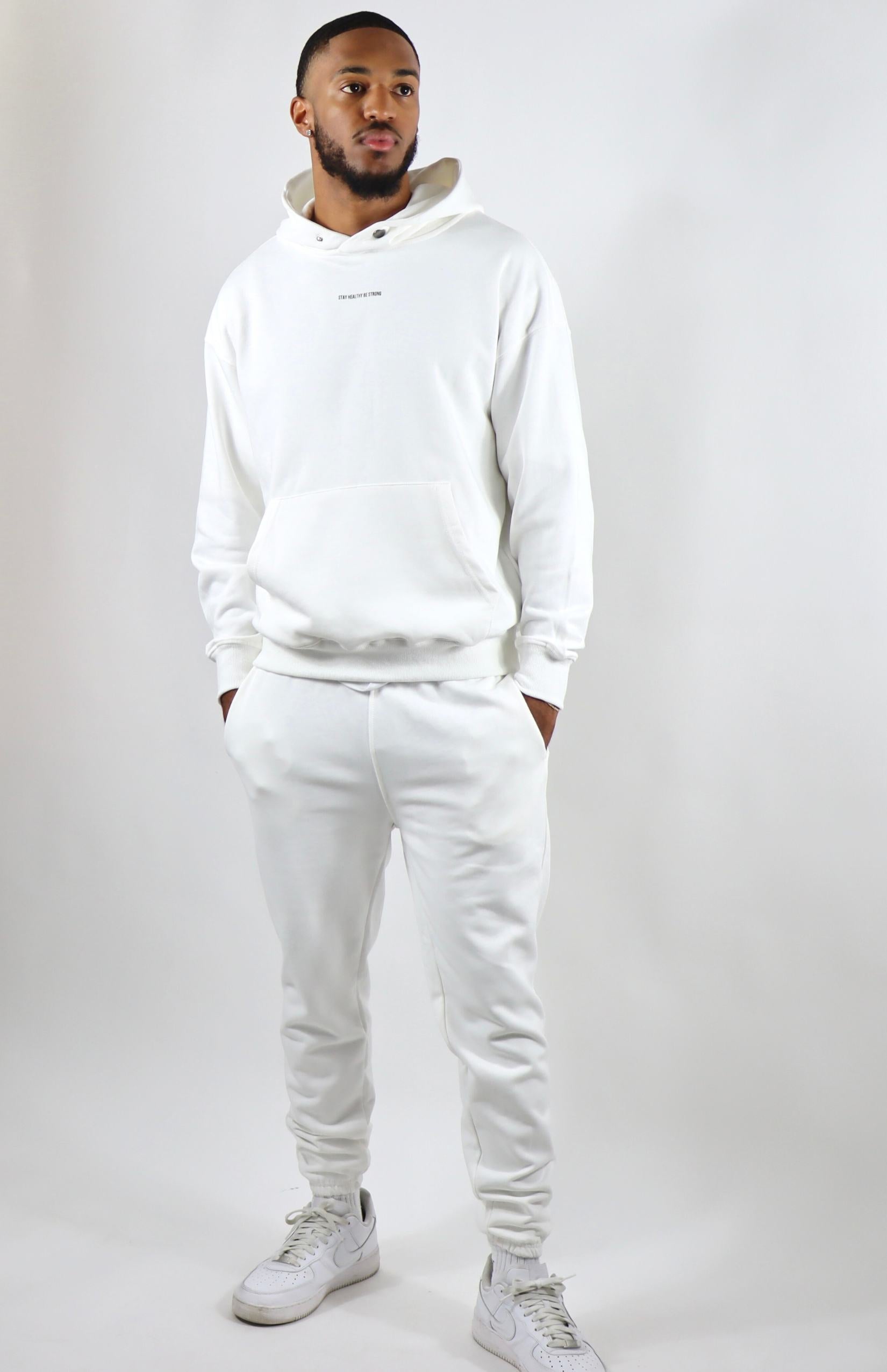 White oversized pullover hoodie with white oversized French Terry joggers