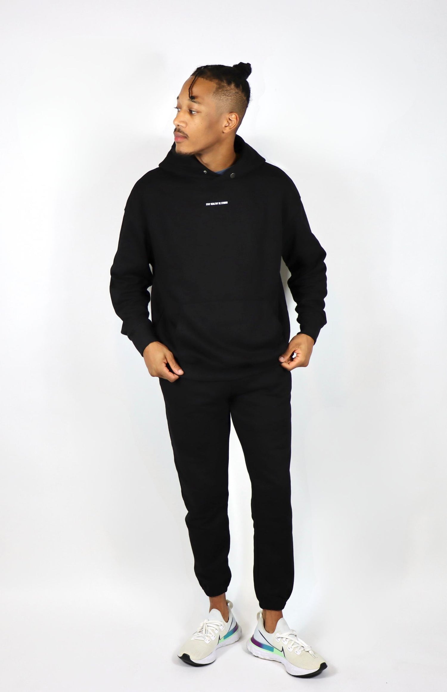 Black oversized pullover hoodie with black french terry oversized joggers