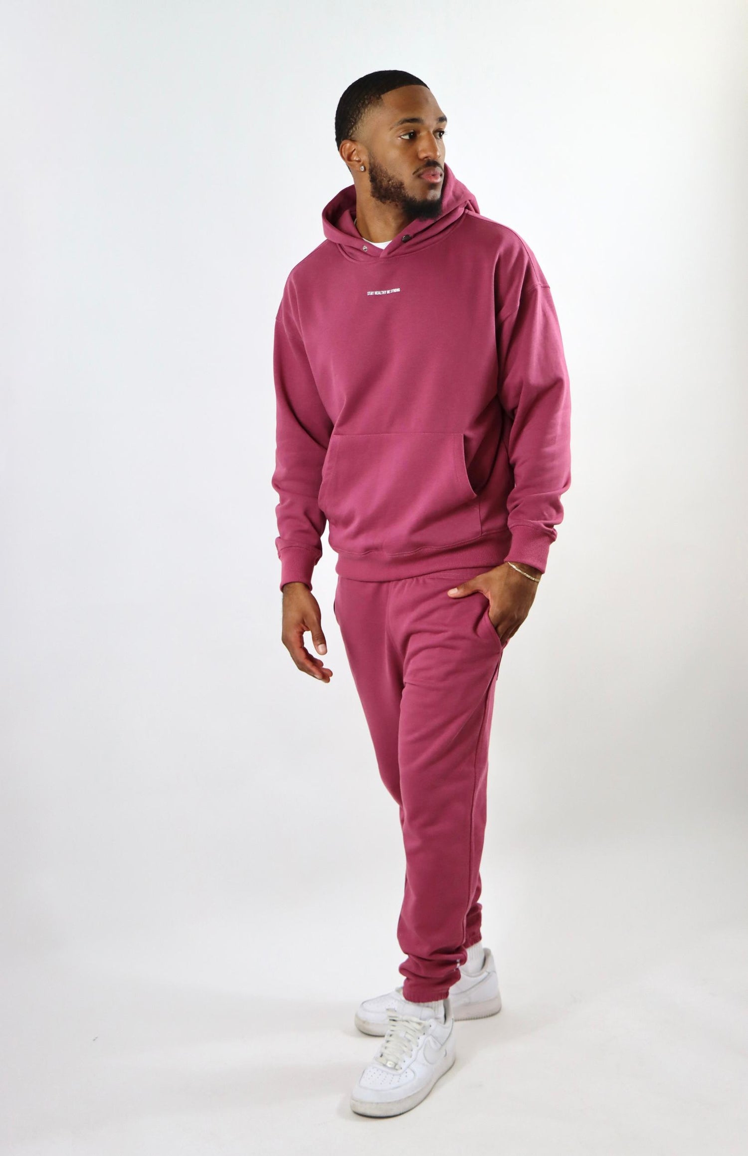 Burgundy oversized pullover hoodie with burgundy oversized French Terry joggers