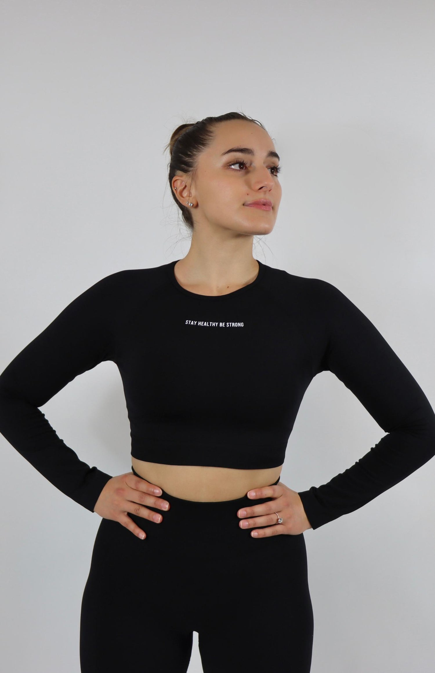 Black amplify leggings with black amplify long sleeve crop top