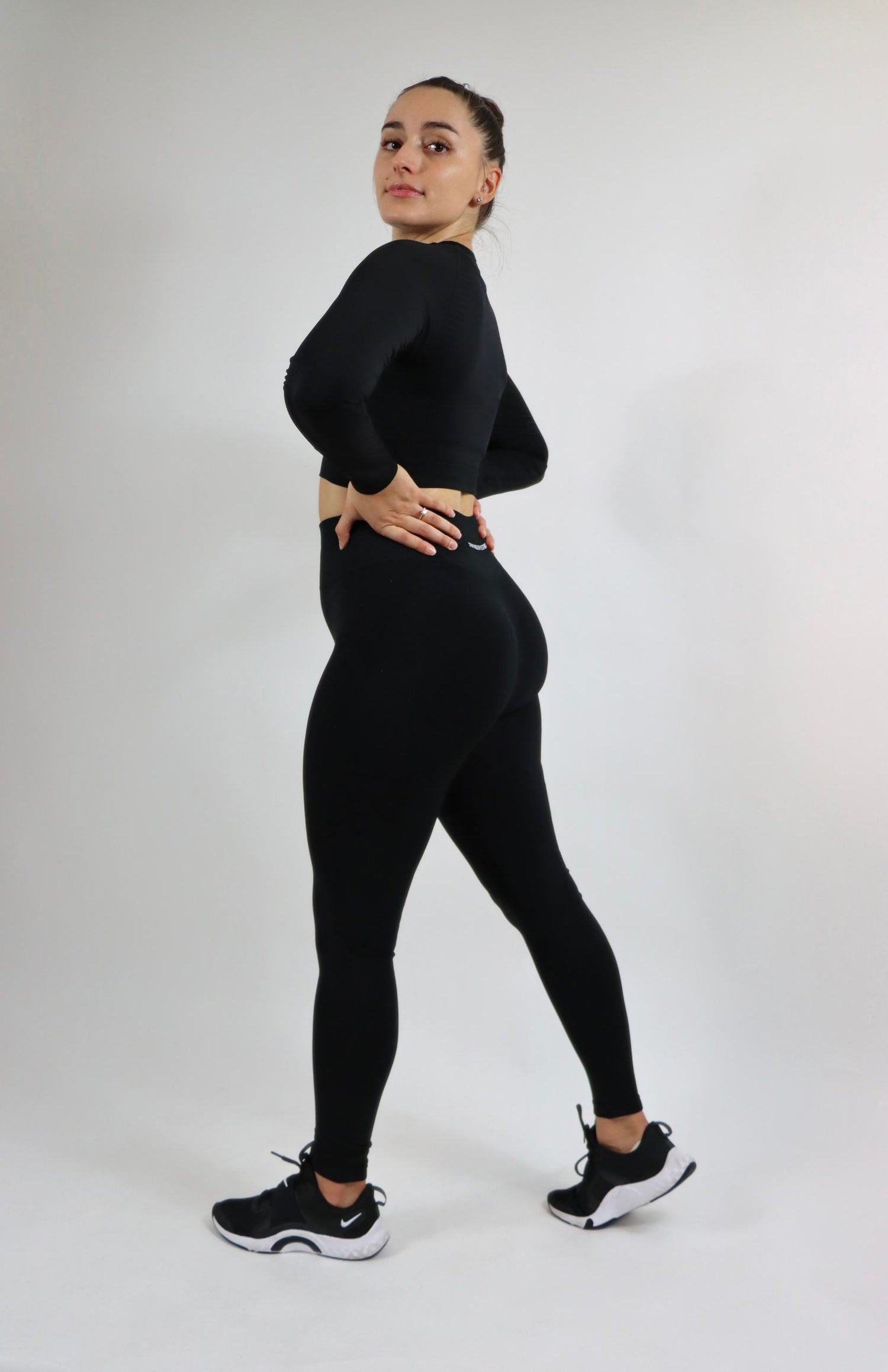 Black amplify leggings with black amplify long sleeve crop top