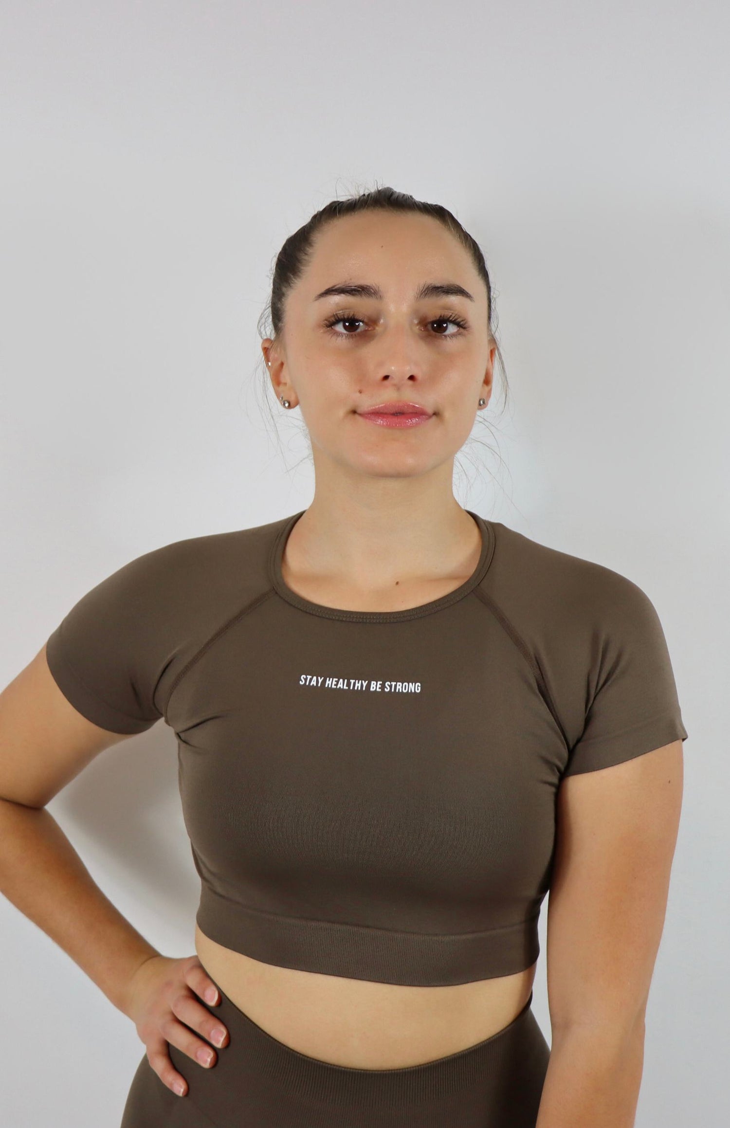 Dark brown amplify short sleeve crop top