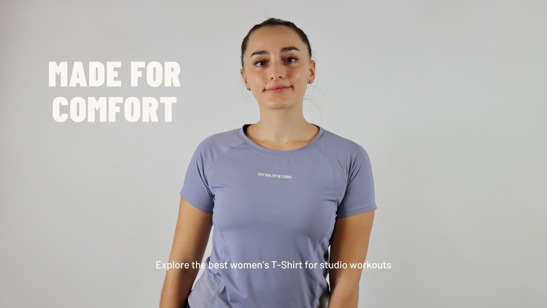 a women wearing a blue mesh t-shirt