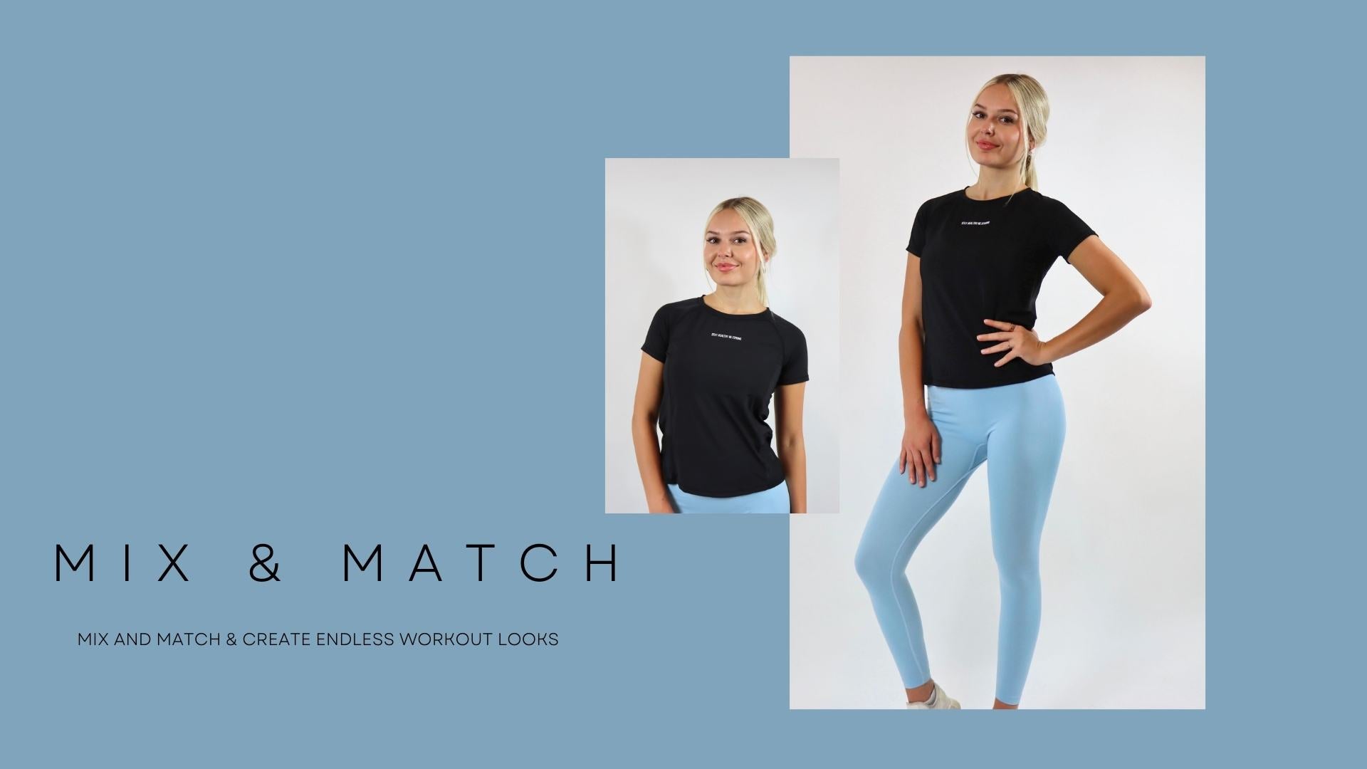 a women mix and match a black mesh t-shirt with baby blue leggings.