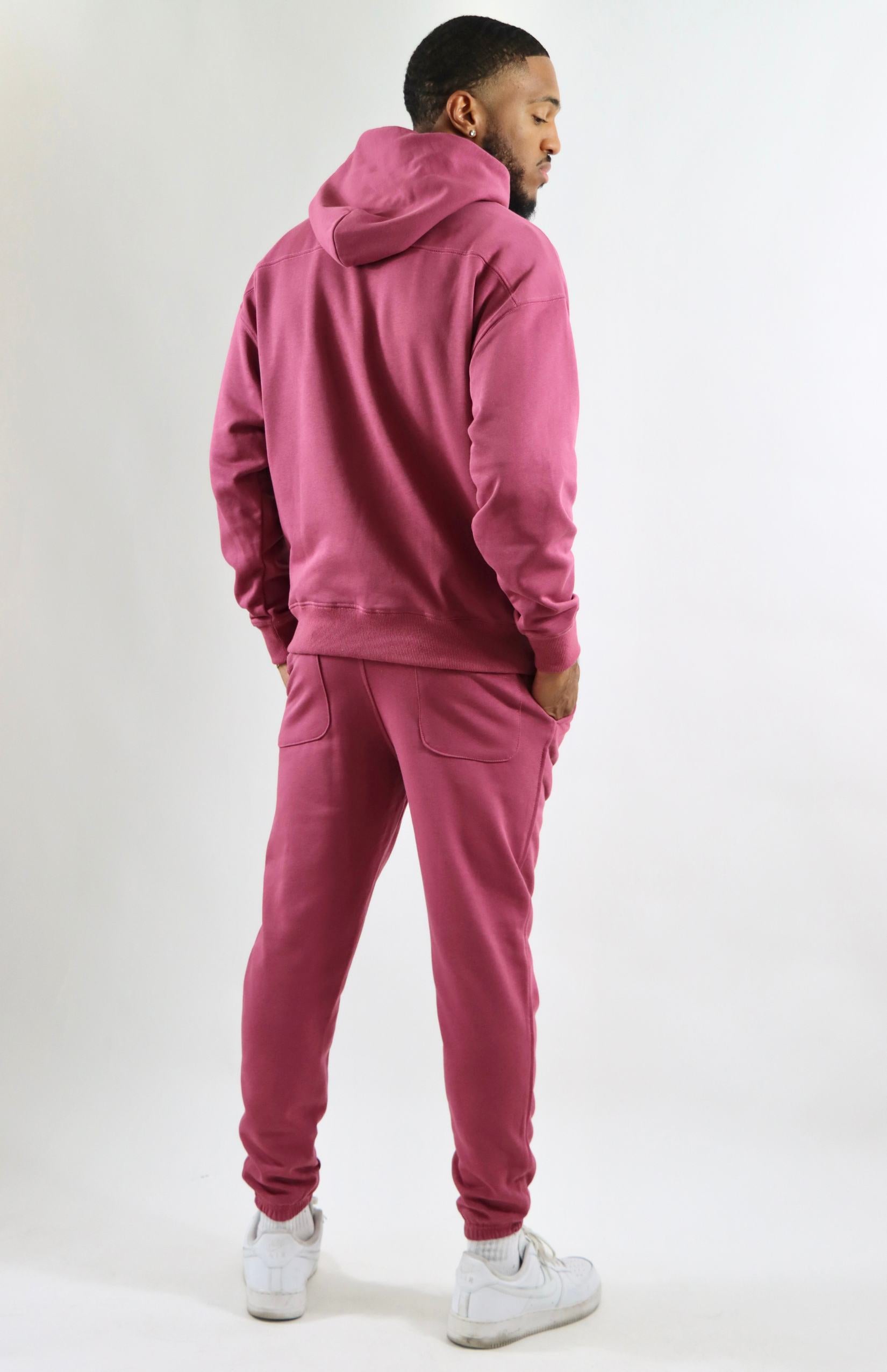 Burgundy oversized pullover hoodie with burgundy oversized French Terry joggers 