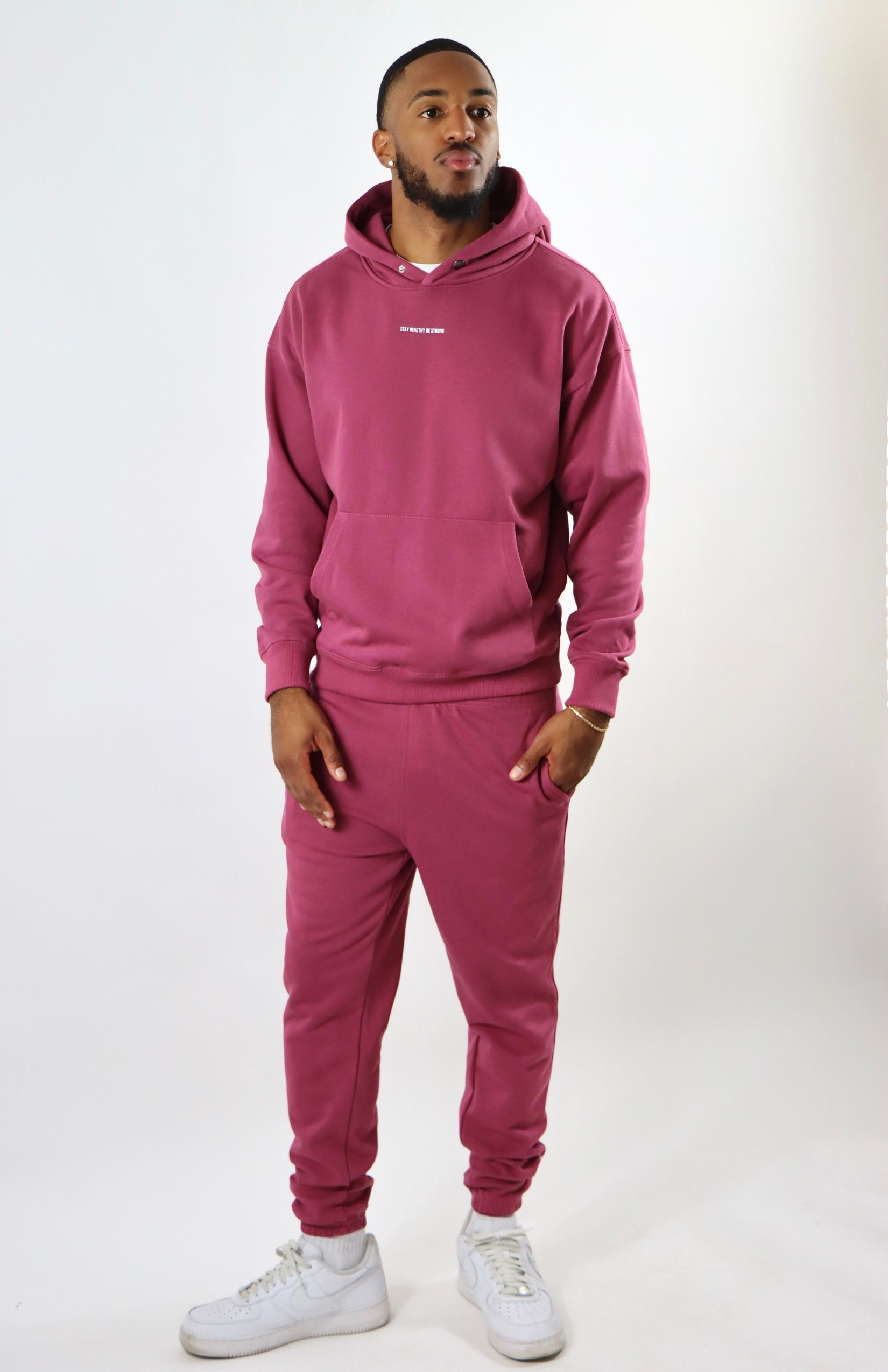 Burgundy oversized pullover hoodie with burgundy oversized French Terry joggers 
