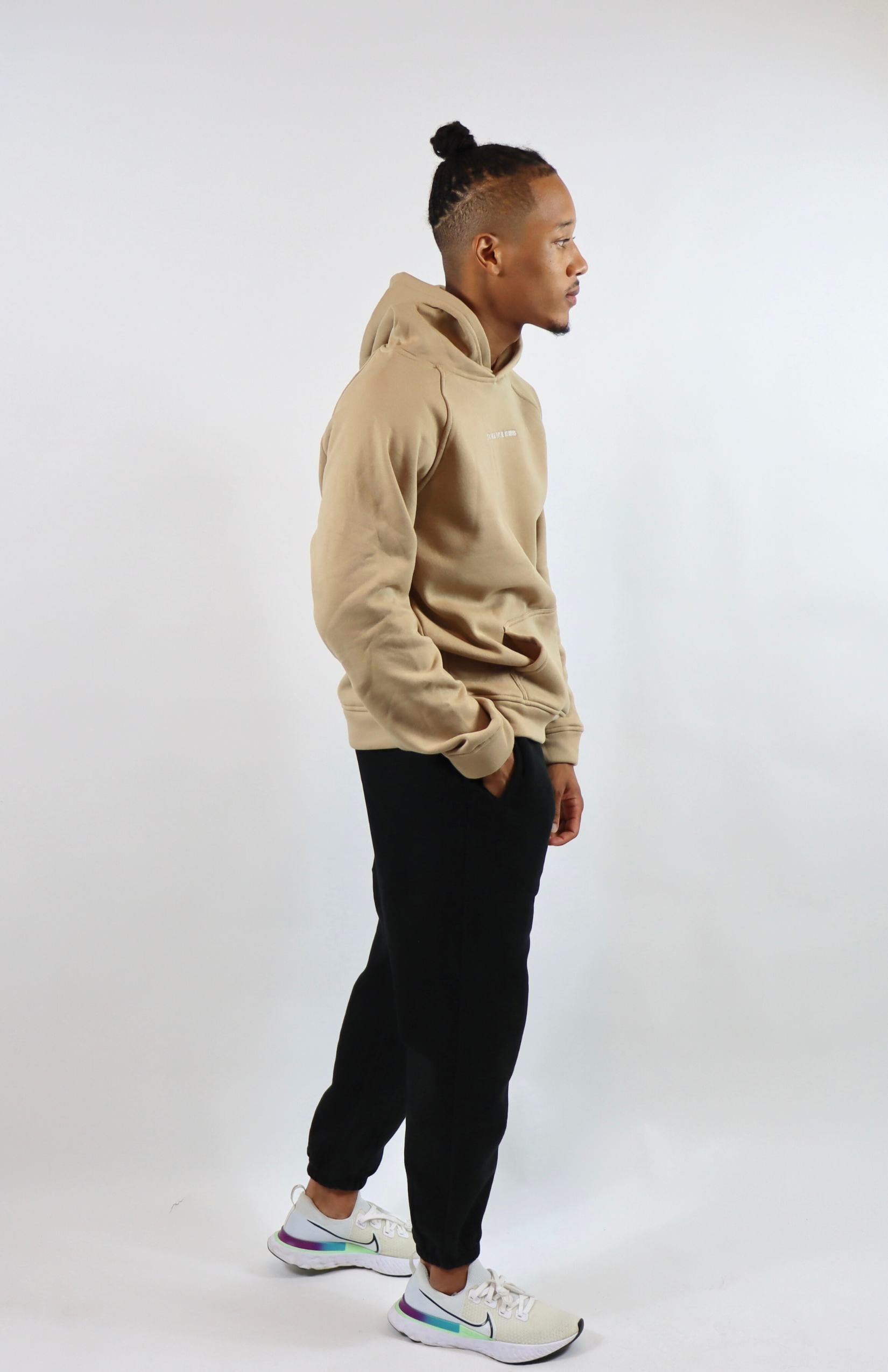 Khaki oversized fleece hoodie with black oversized sweatpants