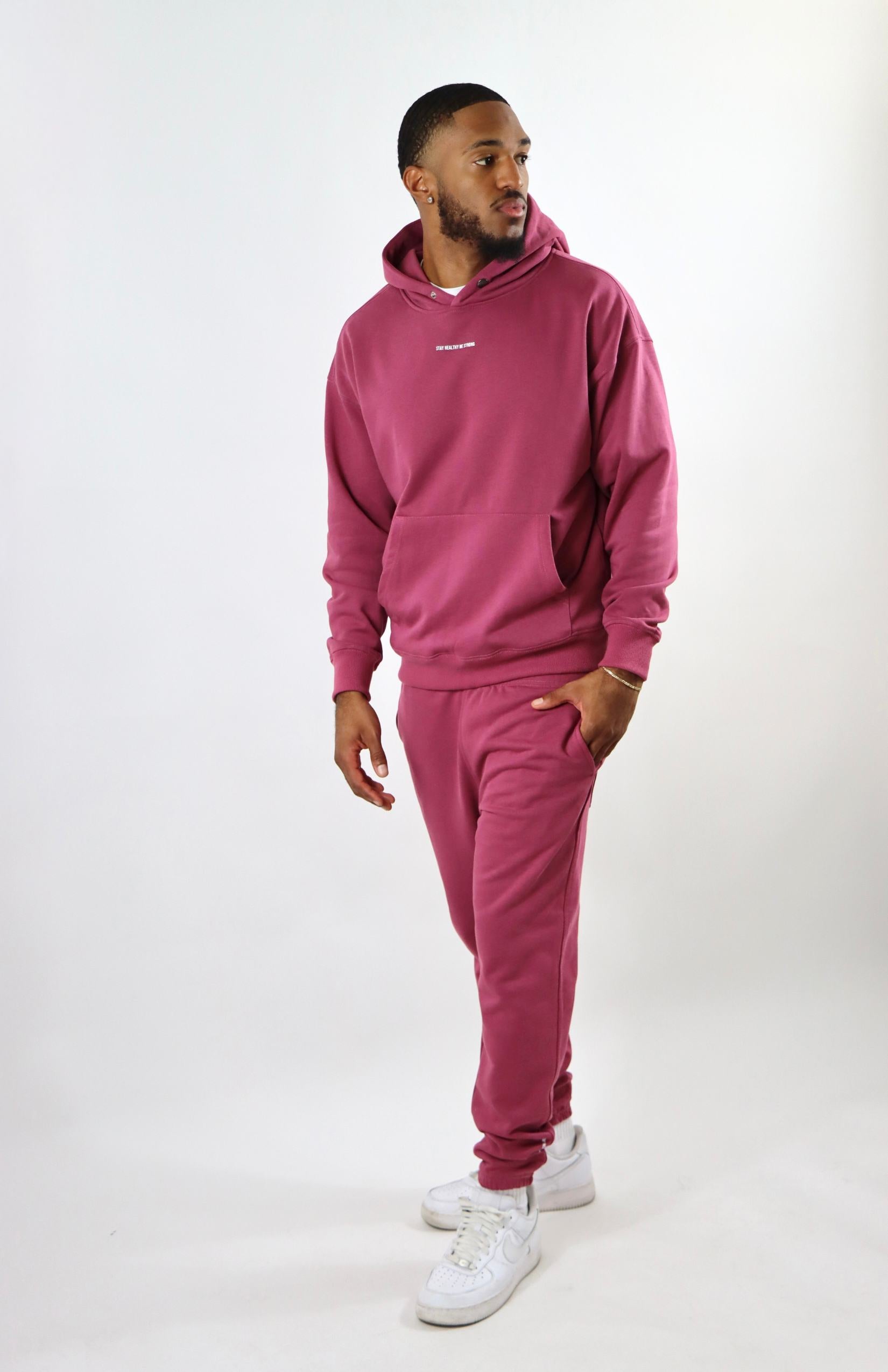 Burgundy oversized pullover hoodie with burgundy oversized French Terry joggers