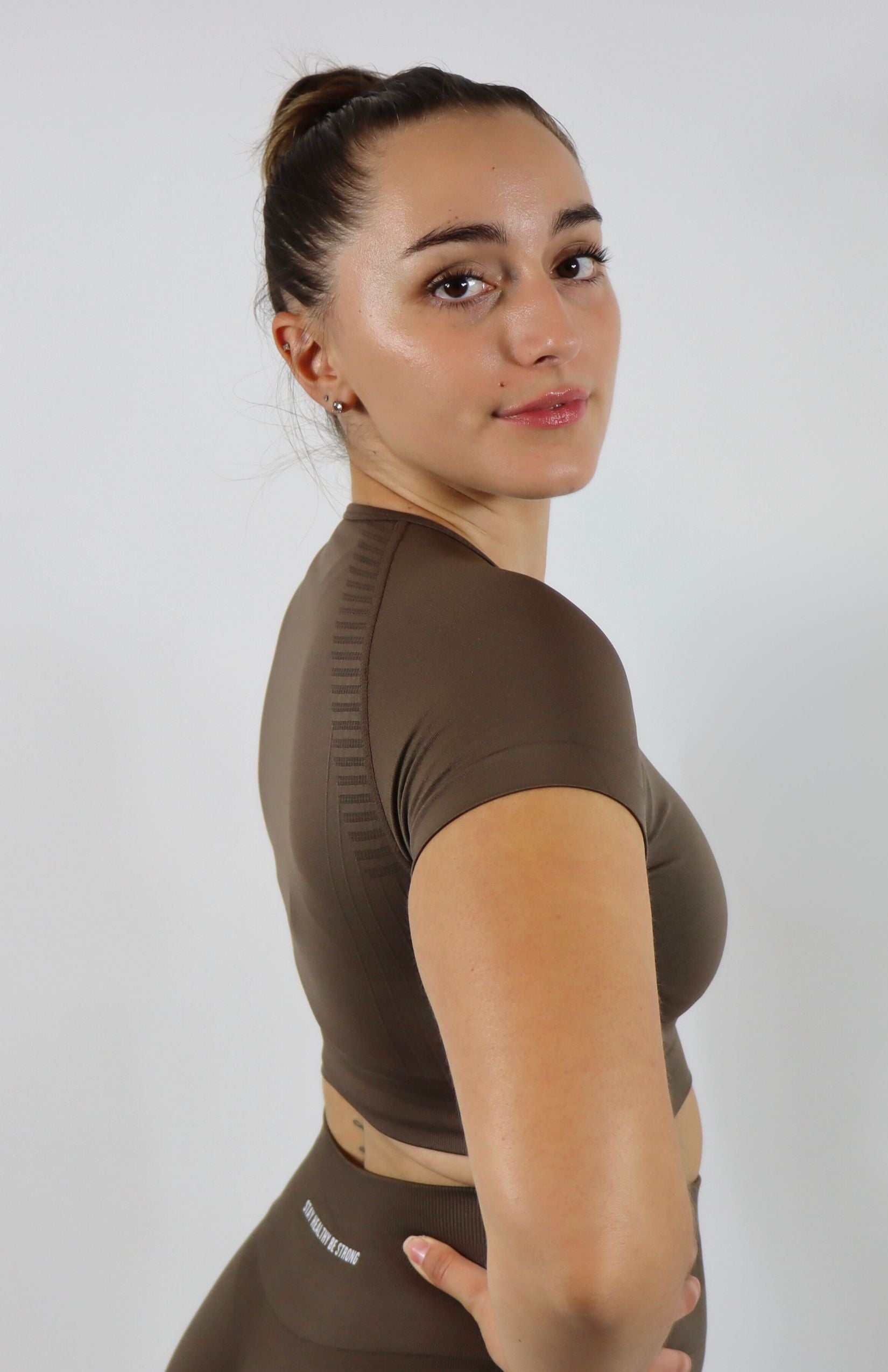 Dark brown amplify short sleeve crop top