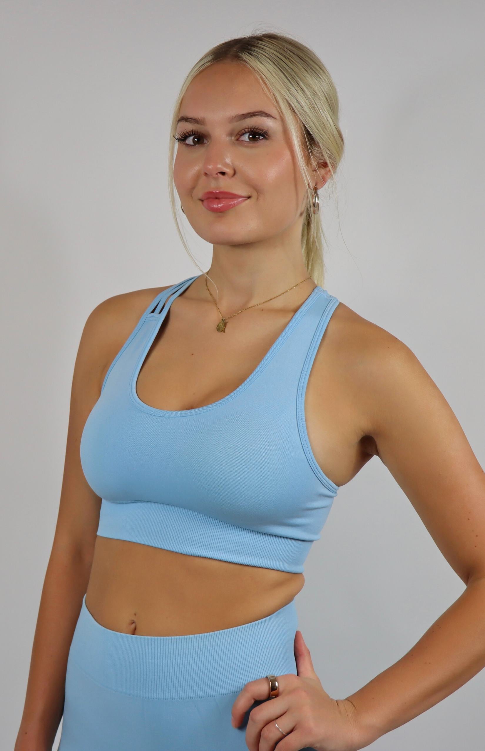 Baby blue cross back sports bra