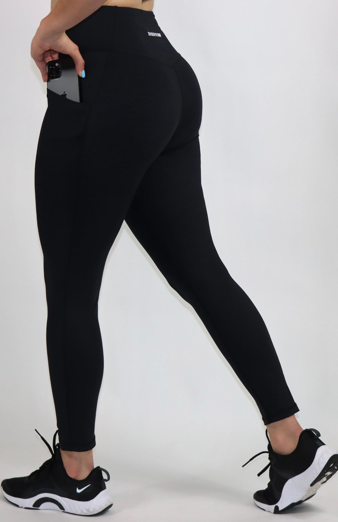 Black high waist pocket leggings for phone 