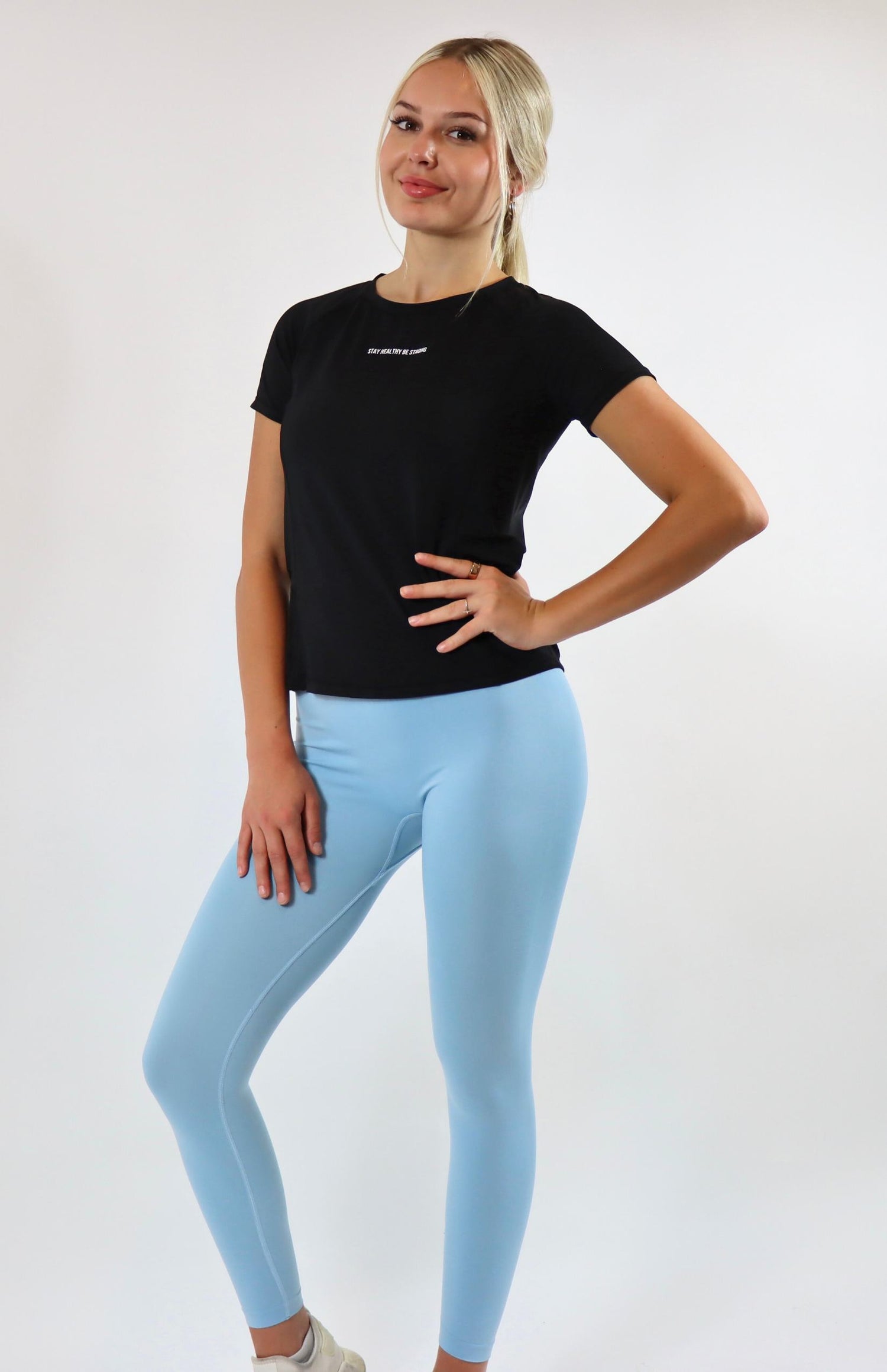 Black mesh training T-Shirt with baby blue scrunch leggings