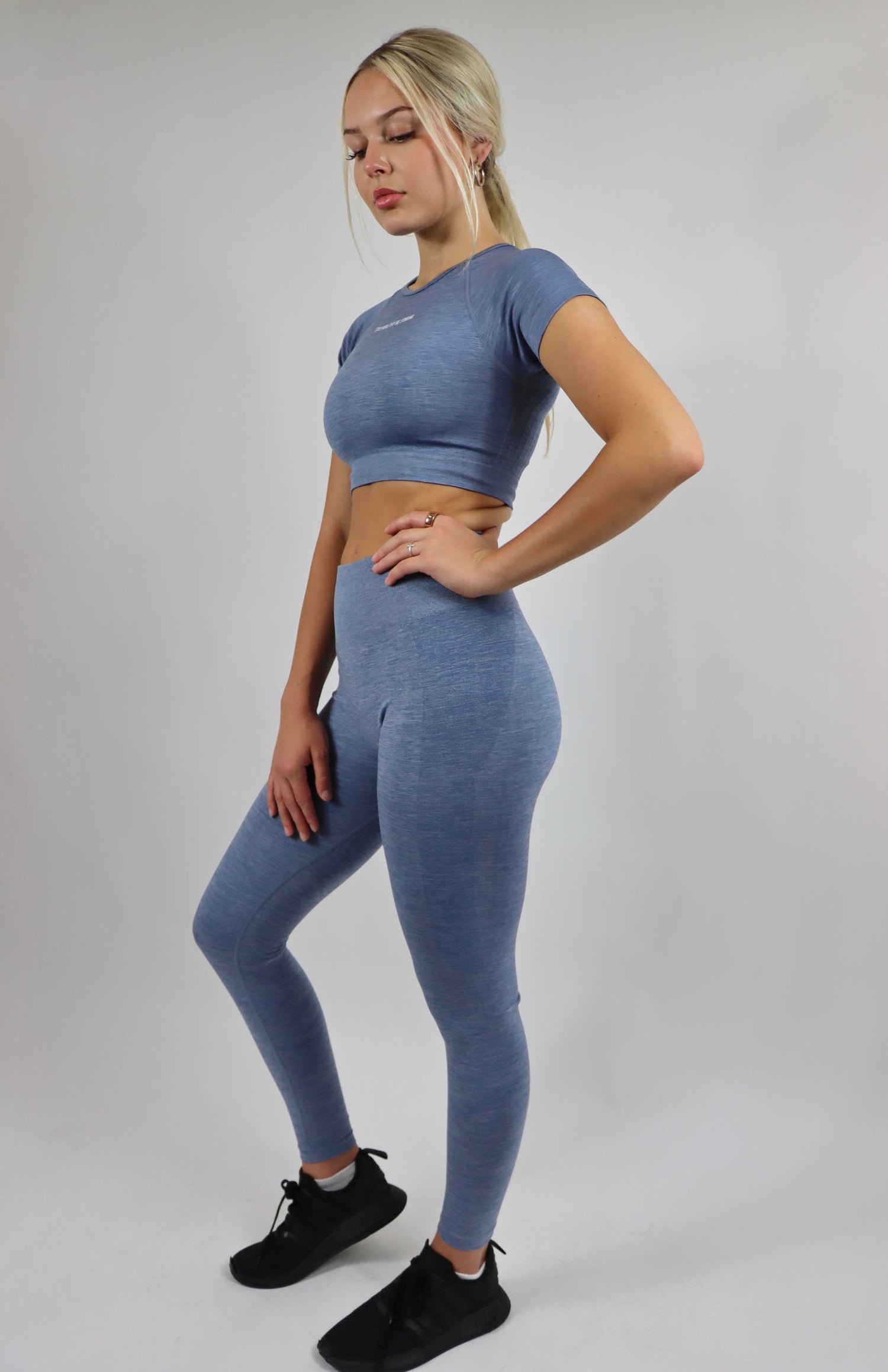 Faded blue amplify leggings with faded blue amplify short sleeve crop top 